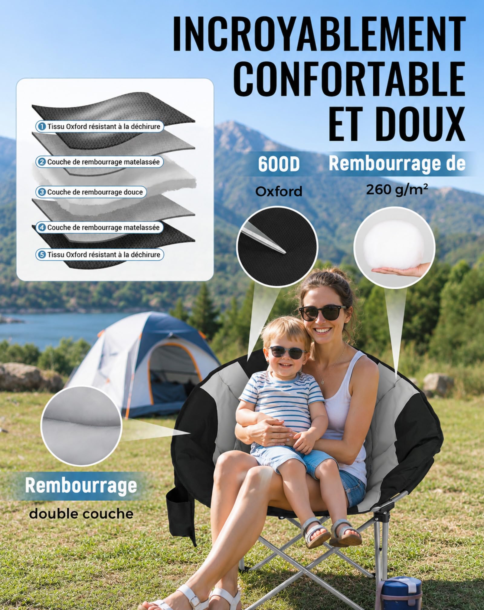 KingCamp Chaise de Camping Ronde Pliante Rembourrée jusqu'à 205 kg | Portable avec Sac Isotherme, Porte-Gobelet & Sac de Transport pour Camping, Jardin, Pêche Outdoor