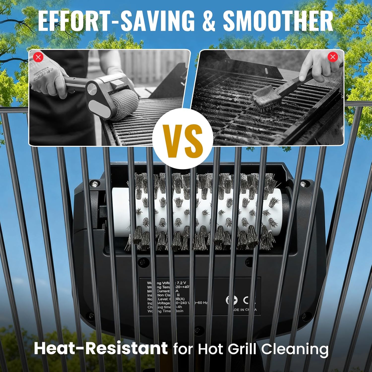 Electric Grill Brush, Grill Cleaner with LED Light & Battery Power Display, 350 RPM Shed-Free Steel Bristles, Removable Brush Head, Cordless & Type-C Rechargeable Grill Scraper for Outdoor BBQ
