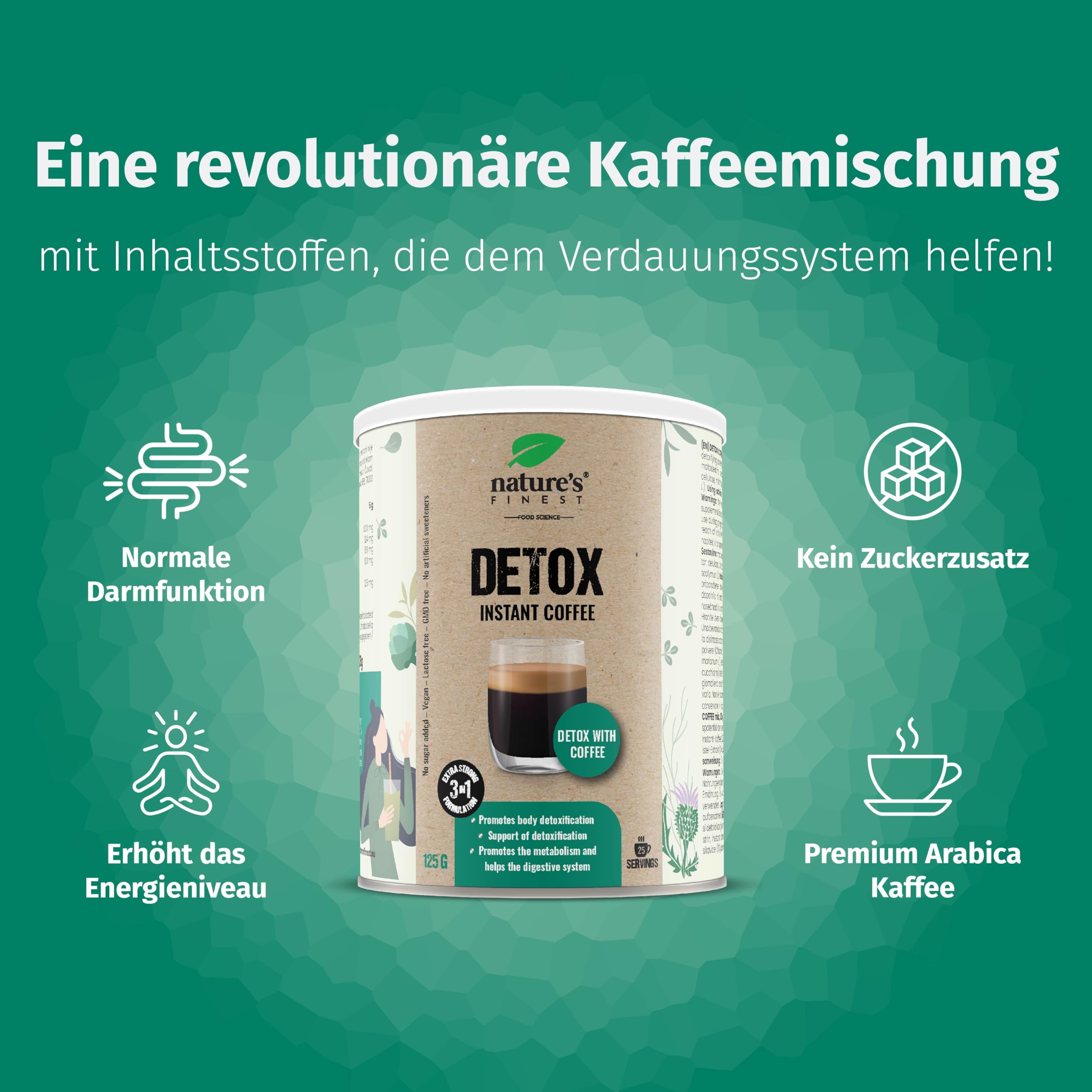 Nature's Finest Detox Coffee, Instant-Kaffee 625 g (5er Pack) | Instant-Kaffee (20 % Arabica) mit Chlorella, Mariendistel- & Artischockenextrakt - vegan, schnell aufgegossen