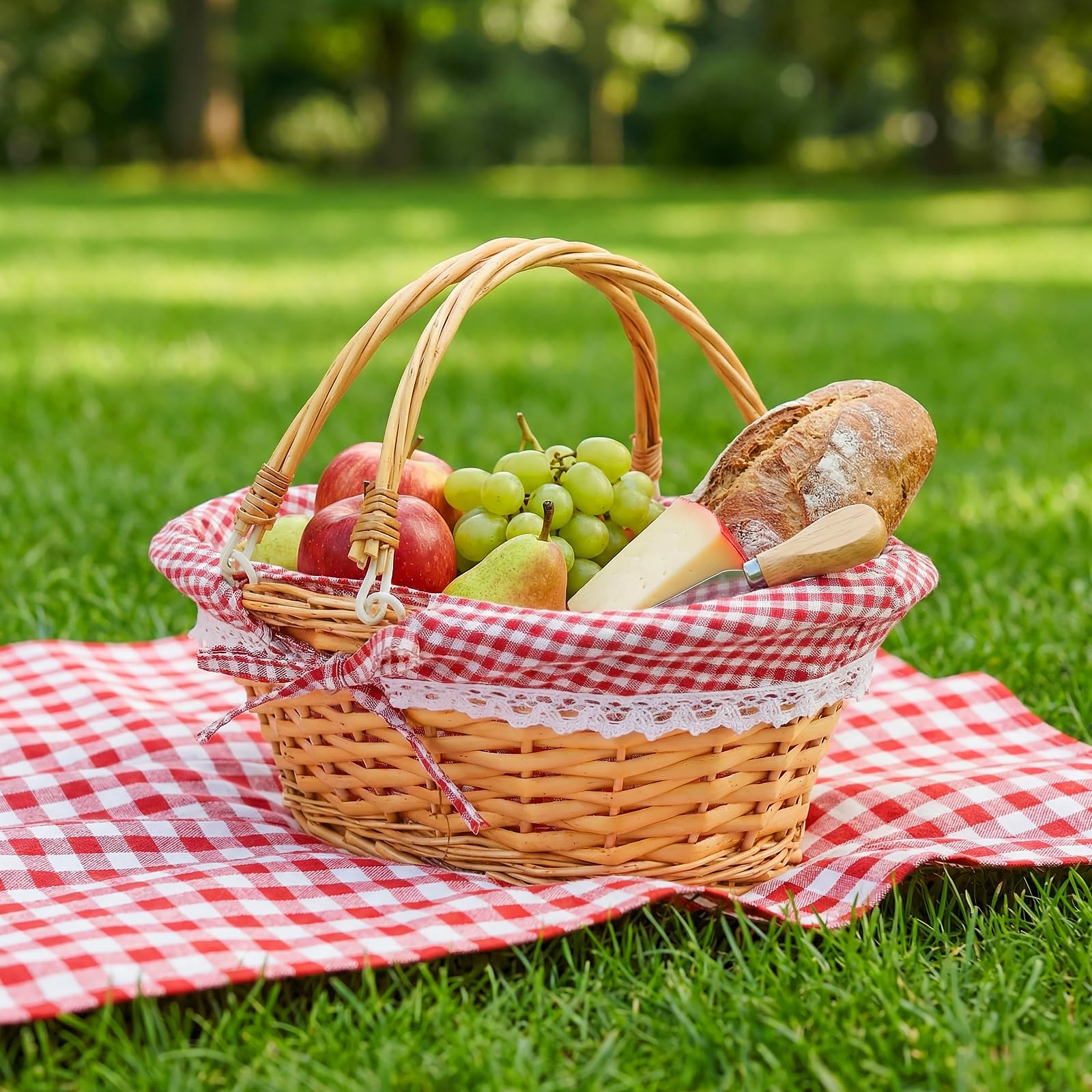 2 Stück Picknickkorb aus Weide, 33x23x12cm, Handgeflochtener Weidenkorb mit Henkel und Gingham Futter, Großer Geflochtener Korb für Obst, Einkaufen, Eiersammeln, Hochzeit und Picknick