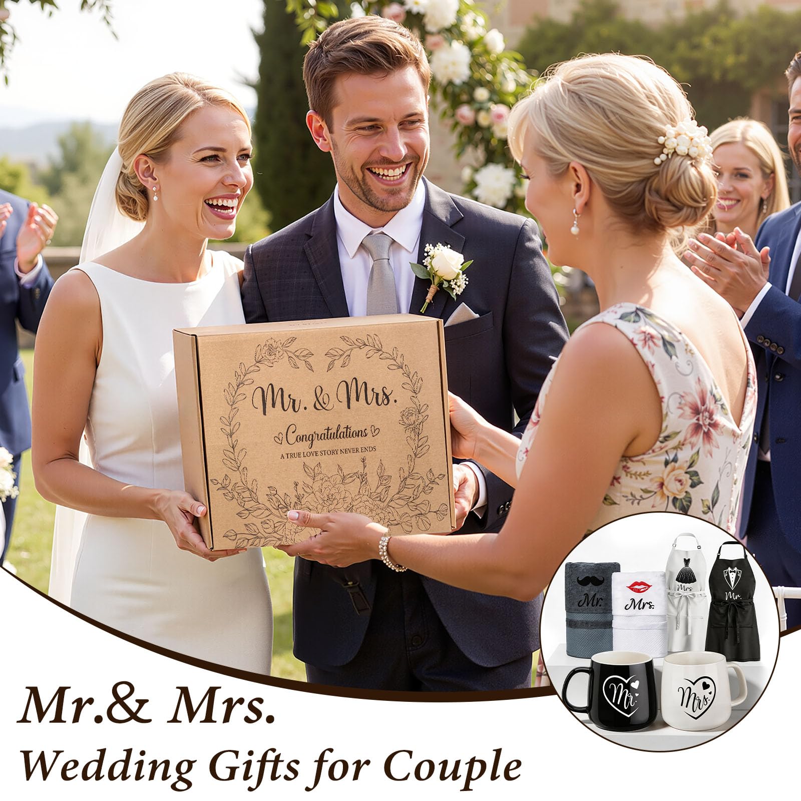 TUZELIYA Miglior regalo romantico di nozze per sposi – Regali di fidanzamento per sposi con grembiuli, tazze da caffè e asciugamani in 100% cotone, regalo di compleanno per lui e lei, Mr & Mrs