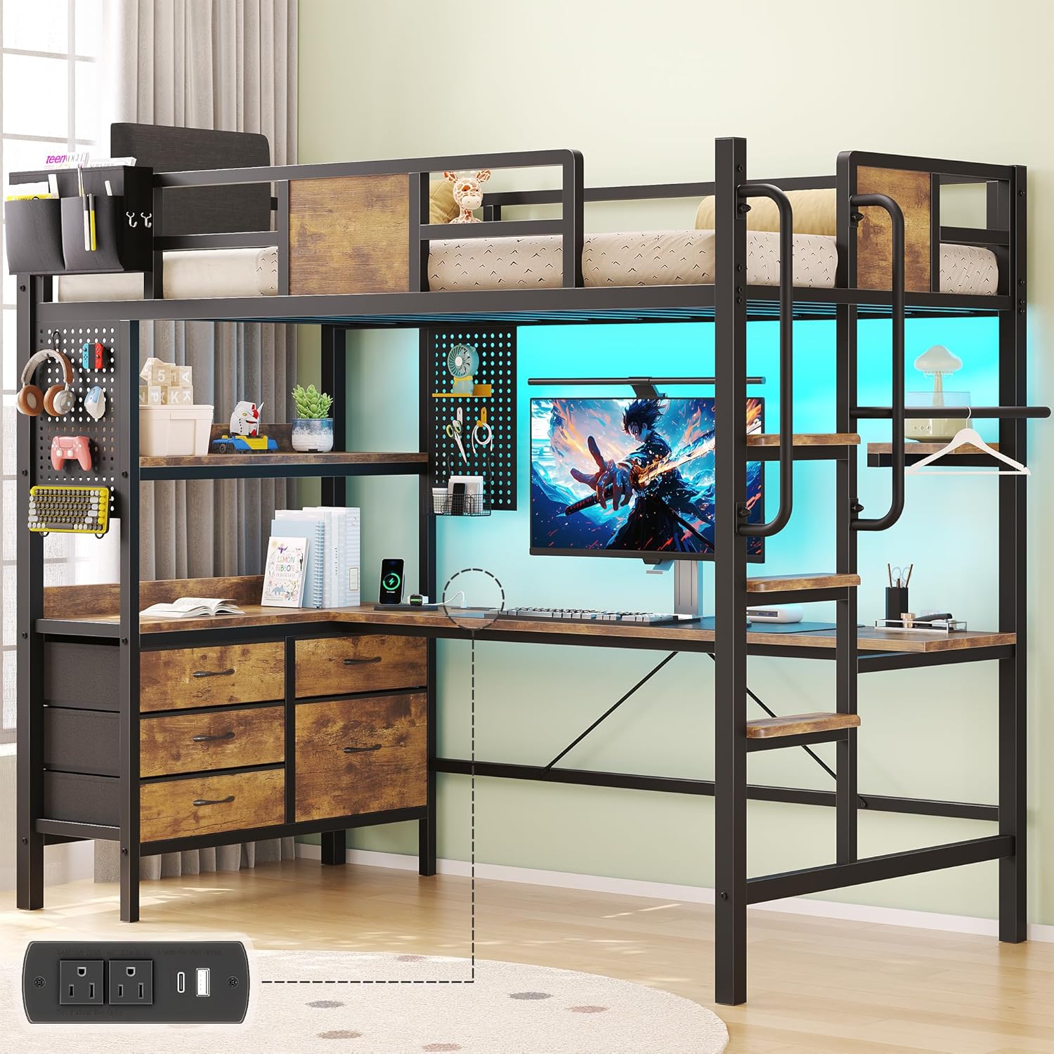 BUSYAEH Twin Loft Bed with Desk, RGB LED Lights, Charging Station & 5 Storage Drawers - Vintage Brown