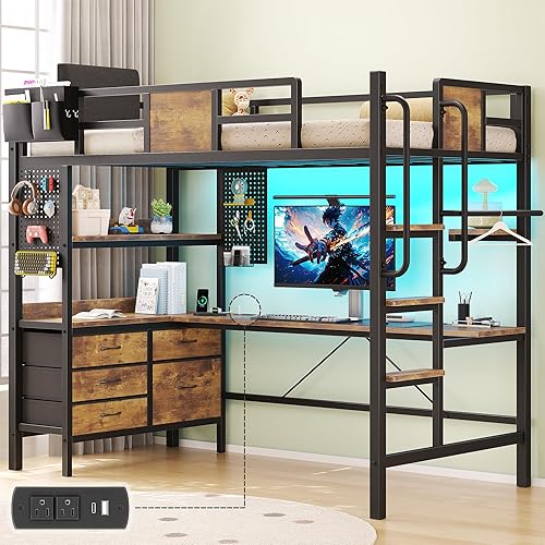 Loft Bed with Desk,Twin Loft bed with Desk & LED Lights and Charging Station,Bunk Bed with Desk & 5 Large Drawer Cabinets and 2 open Shelves,Loft Bed Twin Size with Safety Guard Ladder,Vintage Brown