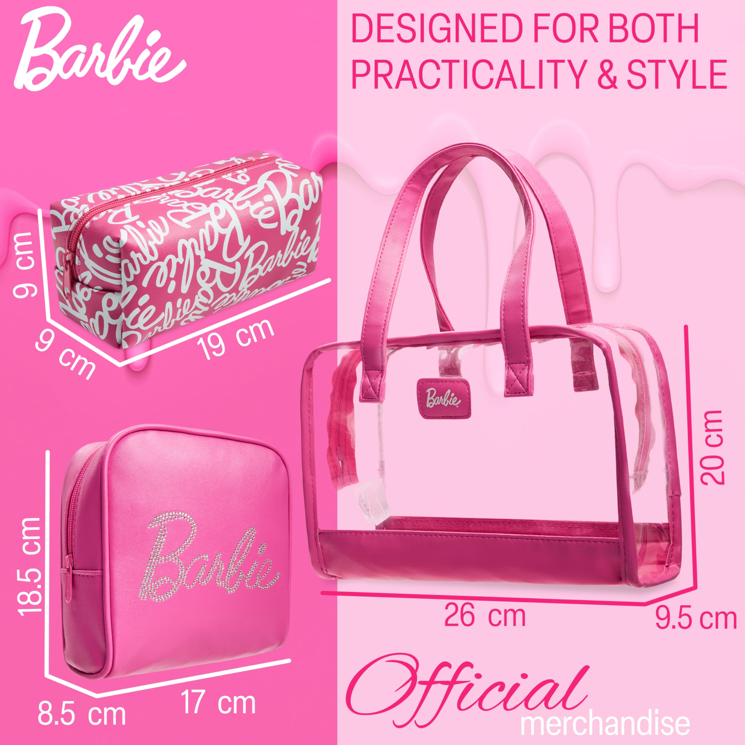 Get Trend Barbie Toiletry Bags Set of 3, Zipped Wash Bag and Cosmetic Bag Holiday Essentials
