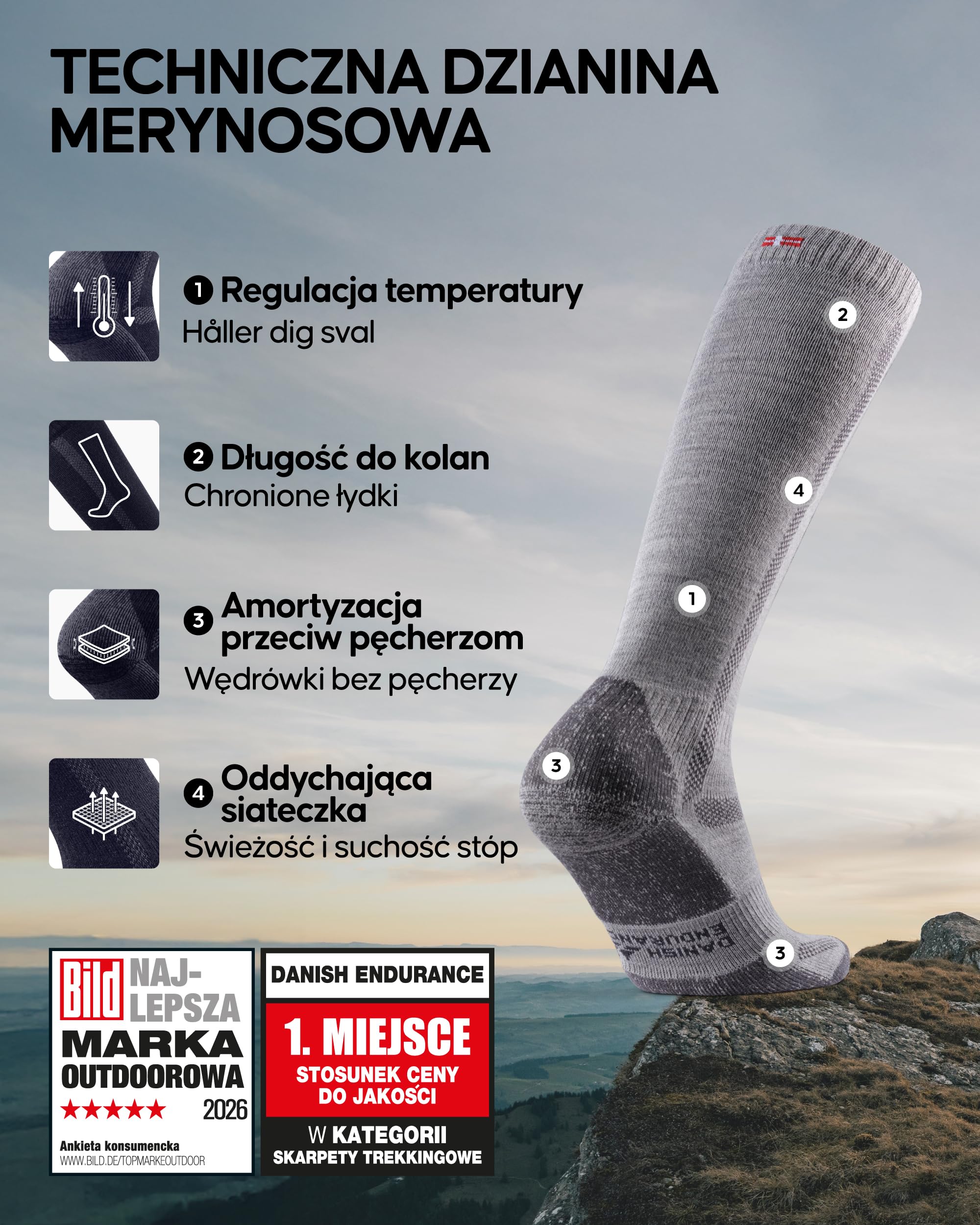 DANISH ENDURANCE Wysokie Skarpety Trekkingowe z Wełny Merino, Do Kolana, Amortyzowane, Męskie i Damskie, 1-Pak lub 3-Pak