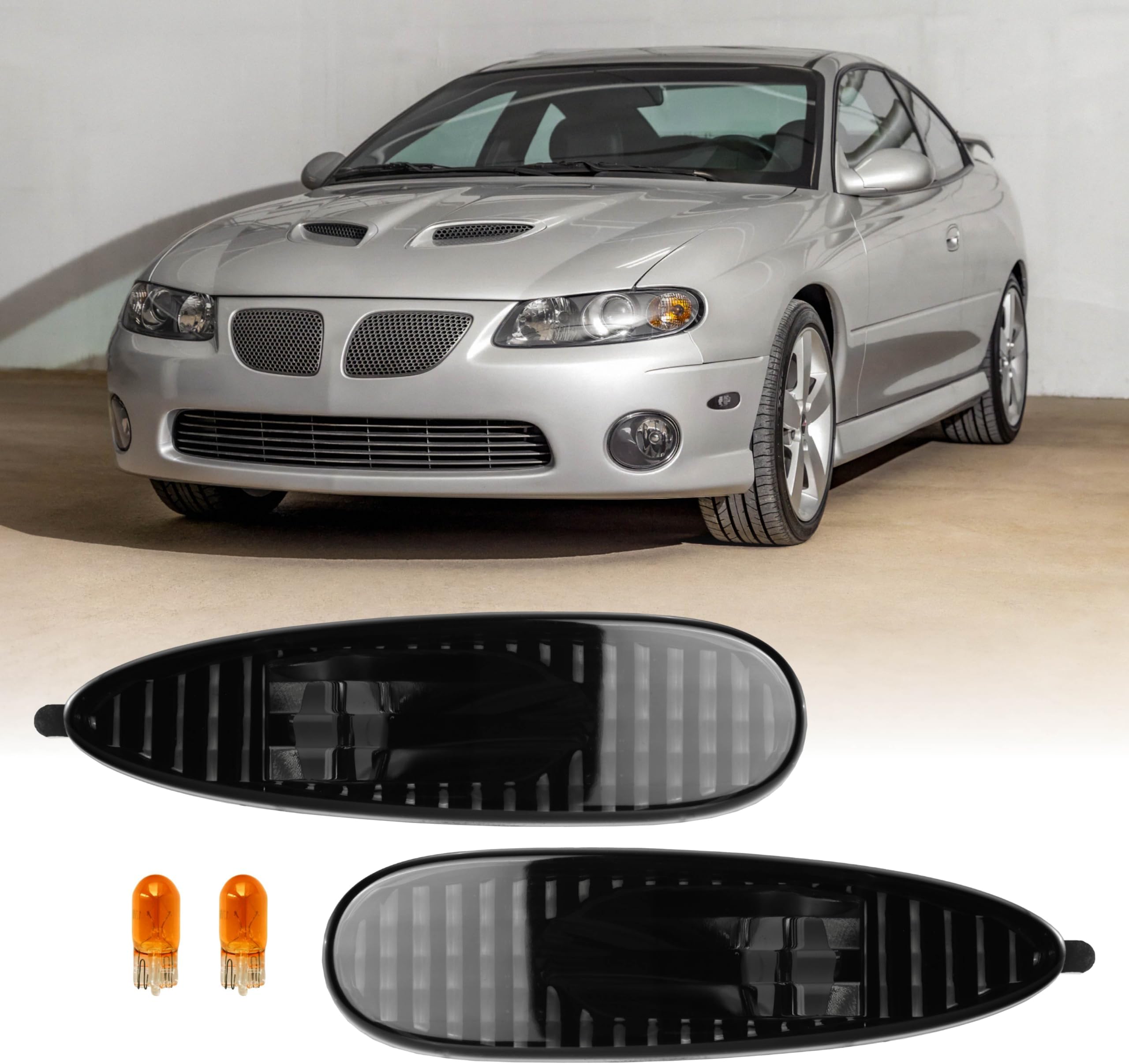 USR 04-06 GTO Side Marker Lights - Smoke Front Bumper Sidemarkers Lamps Set (Left + Right) Compatible with 2004-2006 Pontiac GTO (Smoked Lens with Amber Bulbs)