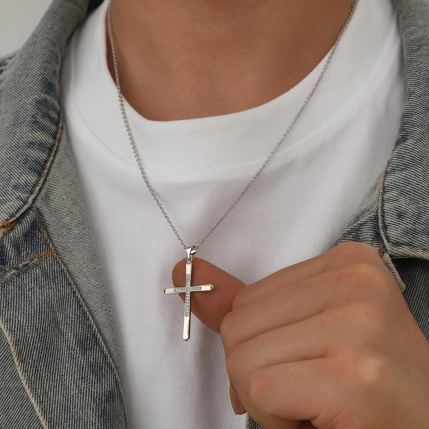 Jewmon 925 Sterling Silver Cubic Zirconia Cross Necklace for Women Mens Cross Faith Pendant Necklace Gothic Protection Christian Jewelry for Easter Christmas Birthday Couples Gifts - Image 3