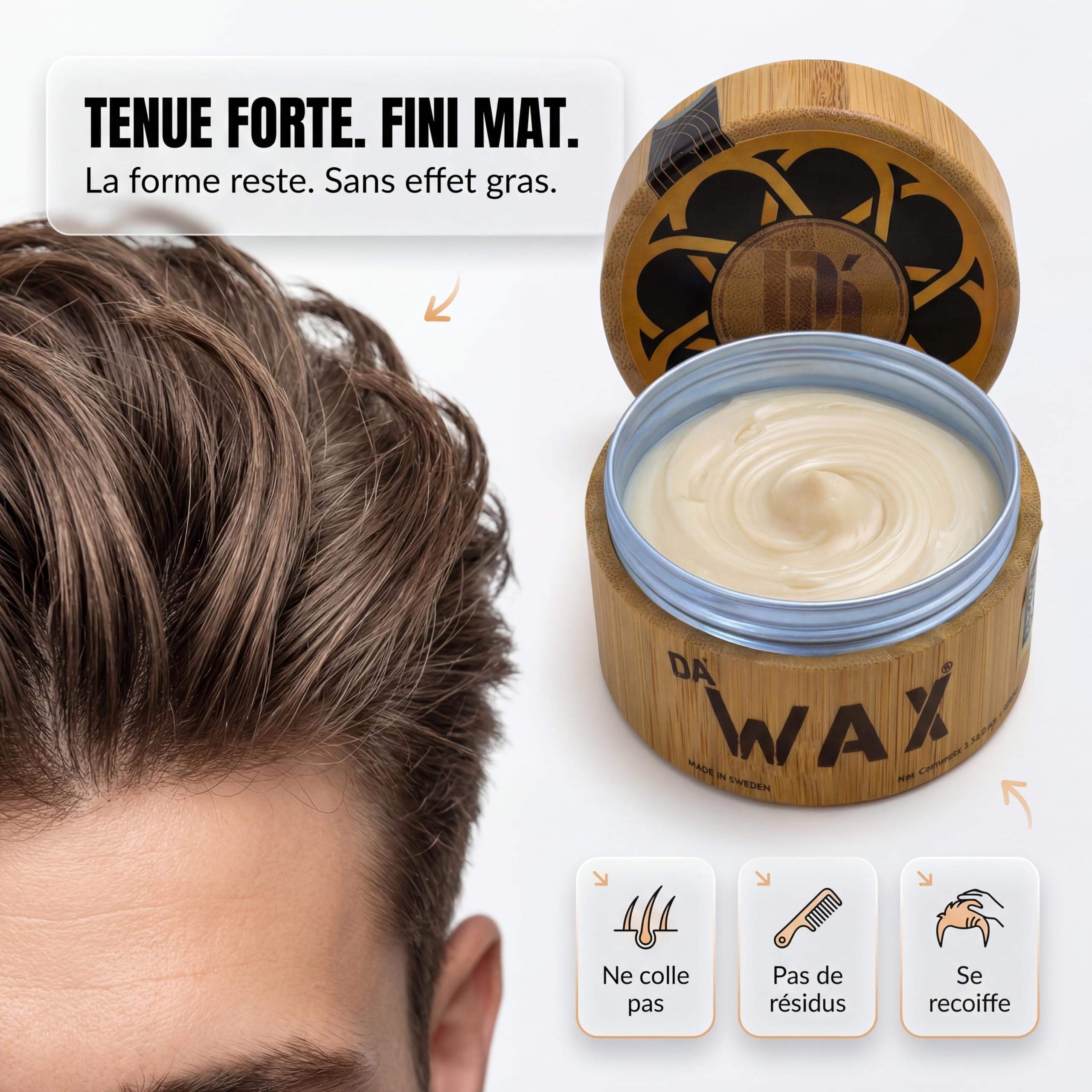 Da'Dude Da'Wax 100ml Cire Coiffante Homme Effet Mat Fixation Forte 8h Formule Naturelle Cire d'Abeille Carnauba Lanoline Sans Silicones Parabènes Pot Rechargeable Bambou