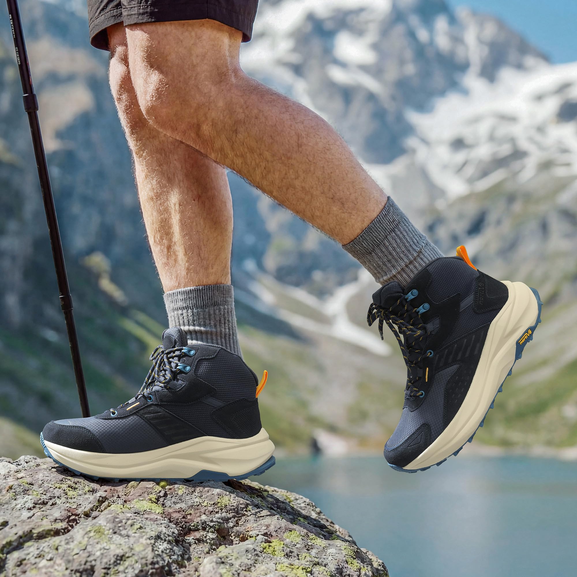 NORTIV 8 Męskie wodoodporne buty górskie z szerokim noskiem, buty trekkingowe z antypoślizgową gumową wkładką, na wędrówki, kemping, granatowy, 10.5