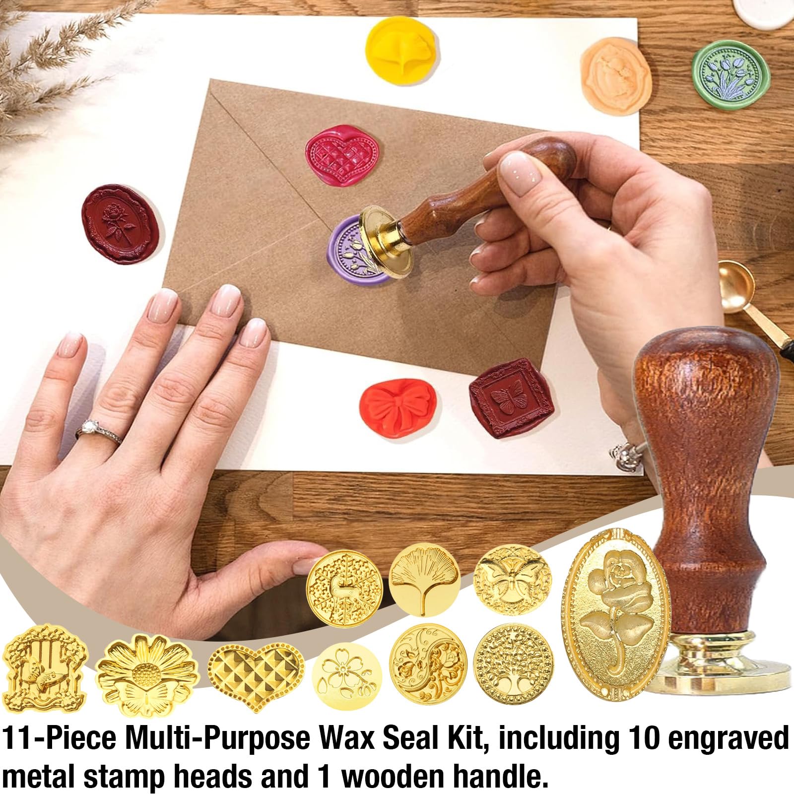 Juego de sello de cera multifuncional de 11 piezas, incluye 10 cabezales de metal grabados y 1 mango de madera, para invitaciones, cartas y proyectos de manualidades