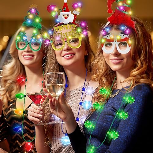 Miniatura 6 de 12 piezas de recuerdos de fiesta de Navidad iluminados, juego de collar de Navidad, diadema y lentes, collar de árbol de copo de nieve con bombilla,