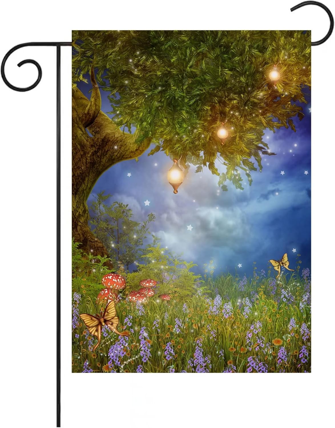 Fantasy Meadow with a Fairy Tree Lamps Flowers Mushrooms and Butterflies Garden Flag 12 x 18 Inch Double Sided Yard House Outdoor Banner Decor - Image 2