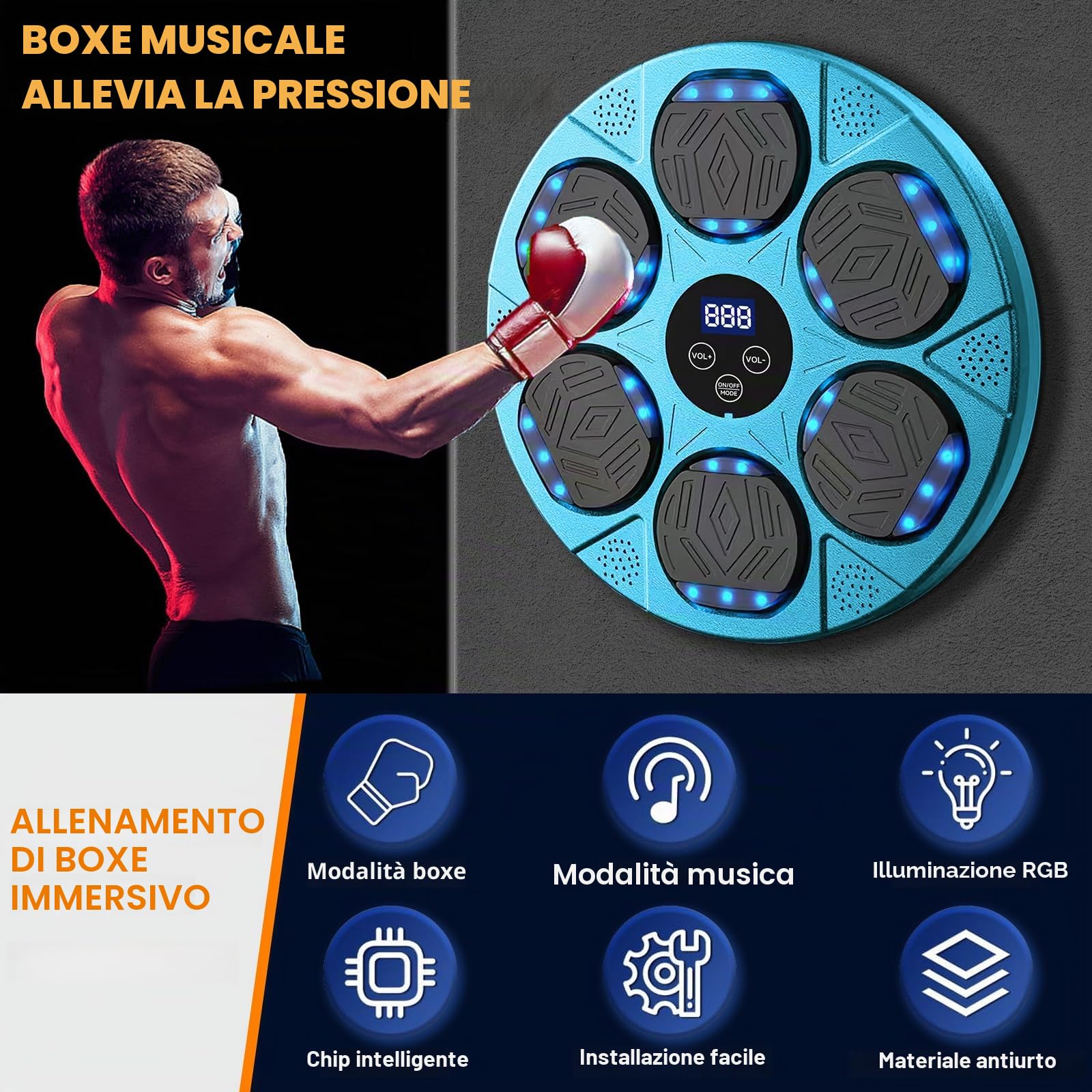 Music Boxing Machine,9 modalità di velocità Macchina da Boxe Musicale,Elettronica per Allenamento Boxe con Guanti da Boxe,LED Music Boxe Machine Adulti,Machine Montata a Parete,Supporta Bluetooth