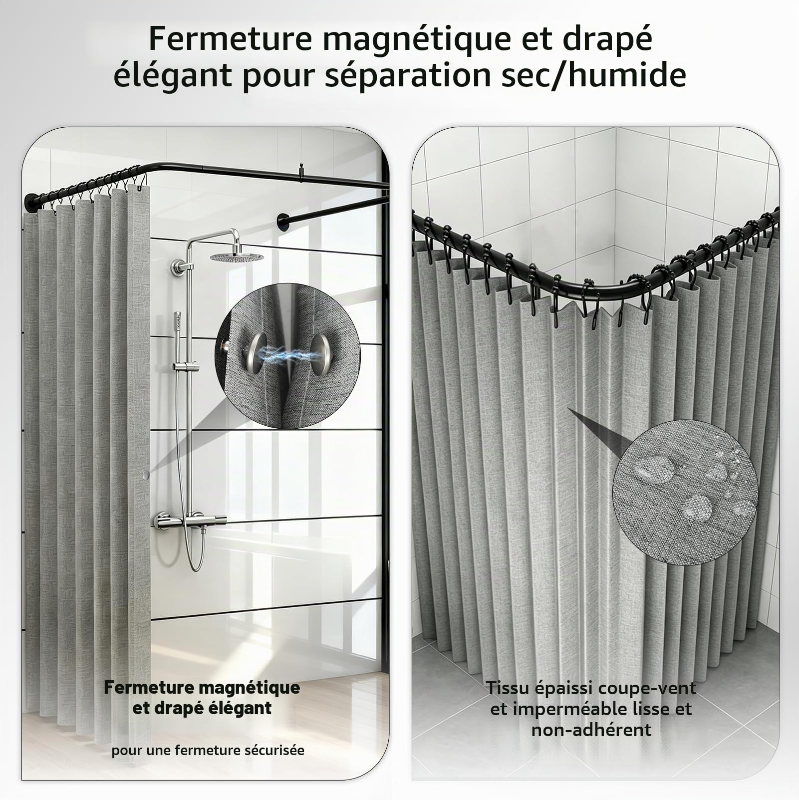 Tringle Douche en U Sans Perçage, Barre Extensible avec Kit Rideau Douche | Kit Complet avec Rideau Douche Imperméable, Anneaux et Colle Sans Clou pour Douche d'angle, Petites Salles de Bain, Vestiaire