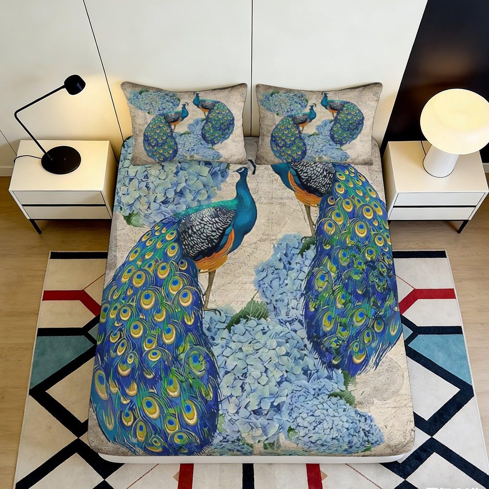Kzqnxhjprl Style-5 3D Printed Peacock Blue Floral Fitted Sheet Microfiber Soft Non-Slip Mattress Cover For Bedroom Guest Room Decor 90X200x25cm