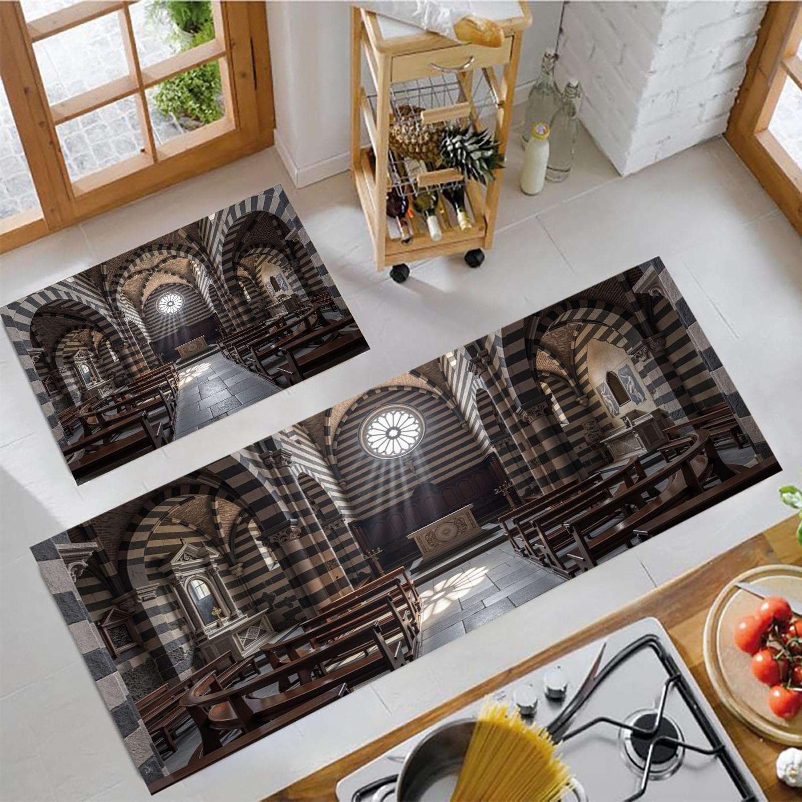 Gothique Rétro Tapis de Cuisine 2 pièces, Galerie Des Colonnes Pierre Cintrées Tapis de Cuisine antidérapant, Noir Carbone Tapis de Sol de Cuisine Absorbant résistant aux Taches - 43x75+43x150cm