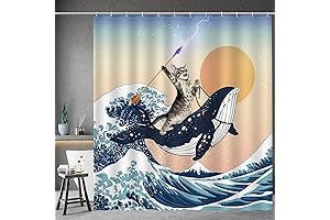 Brave Cat Holding Trident Arrow Riding Shark in Ocean Wave Grateful Dead Shower Curtain