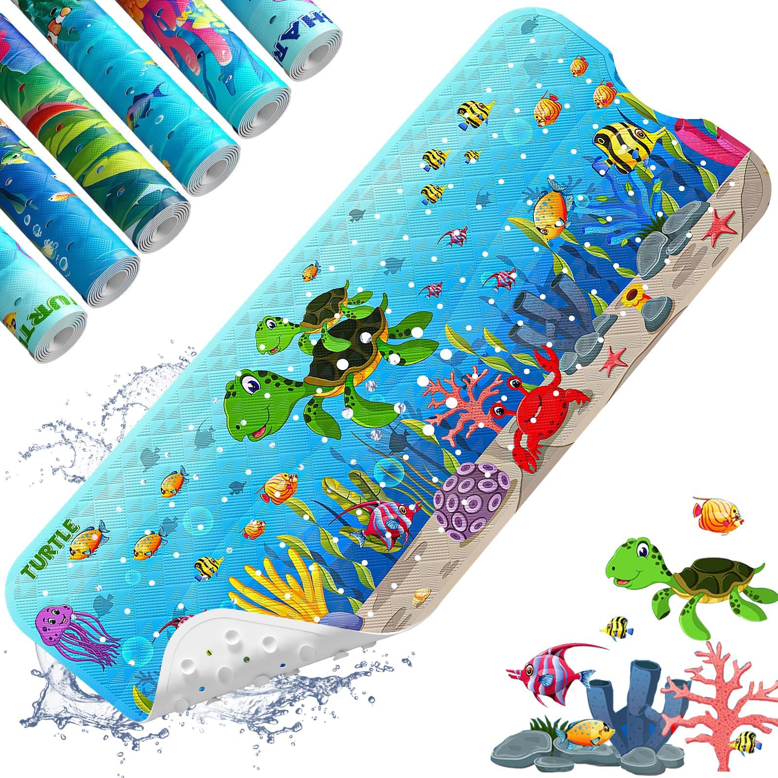XIYUNTE Baby Bath Mats Non Slip Anti Mould - 100x40cm Extra Long Non Slip Bath Mat for Kids, Eco-Friendly Toddler Bath Mat with Suction Cups for Secure Grip, Easy to Clean & Easy Drying, Sea Turtle