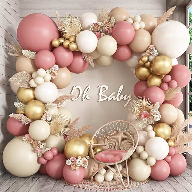 Double Stuffed Dusty Pink Cream Balloon Arch Kit, Boho Neutral Balloon G...