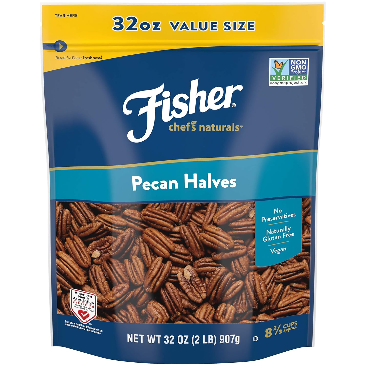 Fisher Pecan Halves, 32 Ounces, Unsalted, No Preservatives, Naturally Gluten Free, Non-GMO, Vegan, Paleo, Keto Nuts