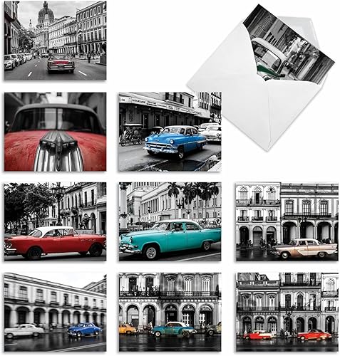 The Best Card Company - Juego de 10 tarjetas de agradecimiento surtidas de 4 x 5.12 pulgadas con sobres - Paquete variado con autos clásicos en un