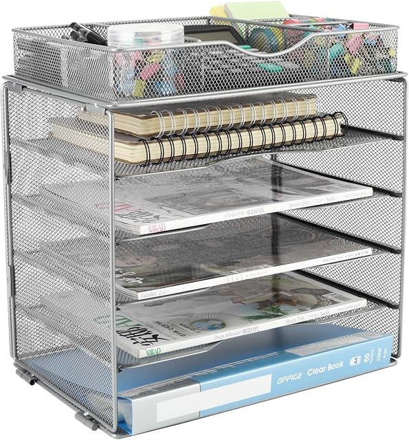 EasyPAG 5 Tier A4 Mesh in Tray Desk Tidy File Holder Magazine Organiser Paper Storage Desktop Office Supplies Organiser Rack,Silver