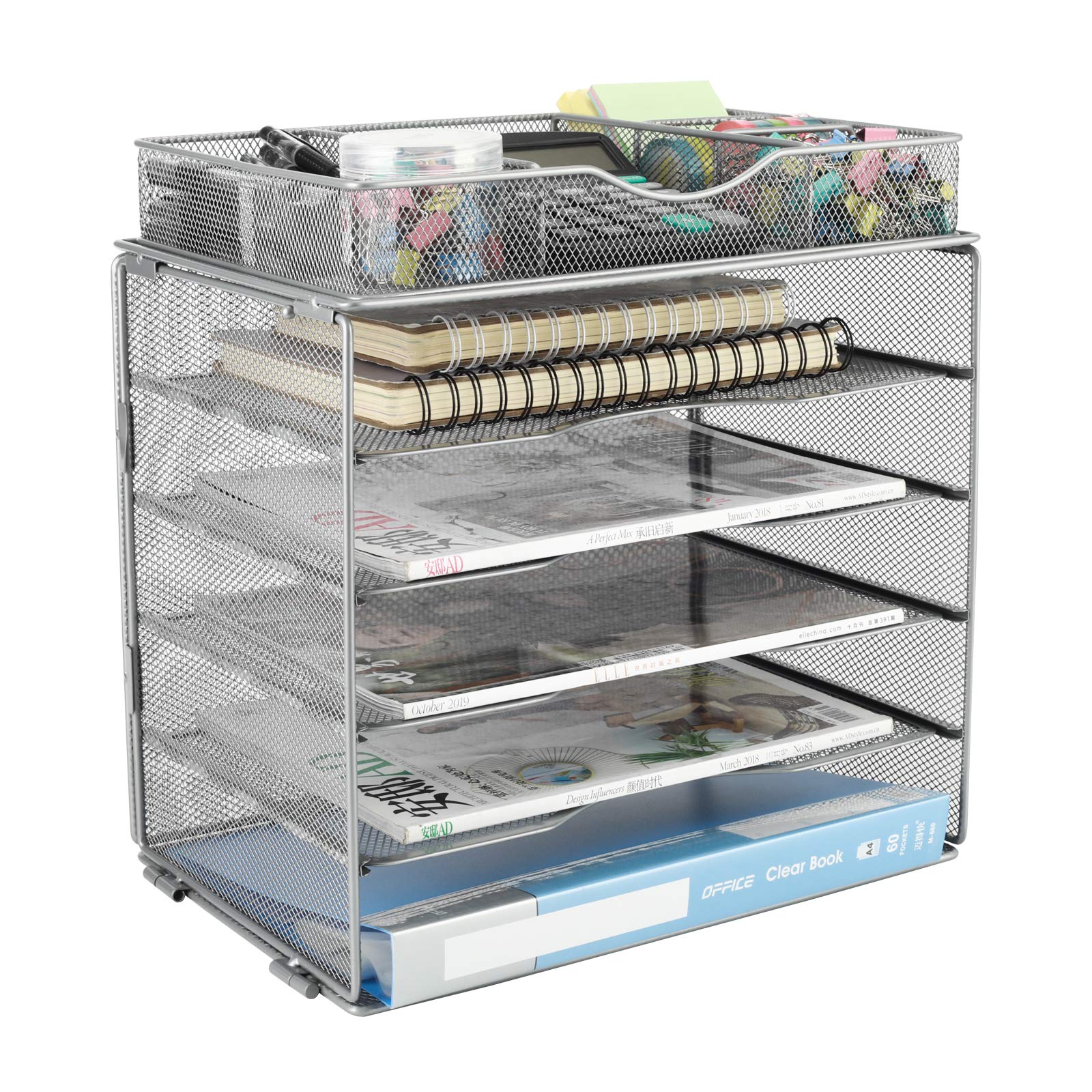 EasyPAG Portadocumenti da Scrivania A4 5 Compartimenti Metallo Rete,Vassoio Lettere,Ripiano Portacorrispondenza,Organizzatore Carta con Cassetto per Ufficio & Casa,Argento