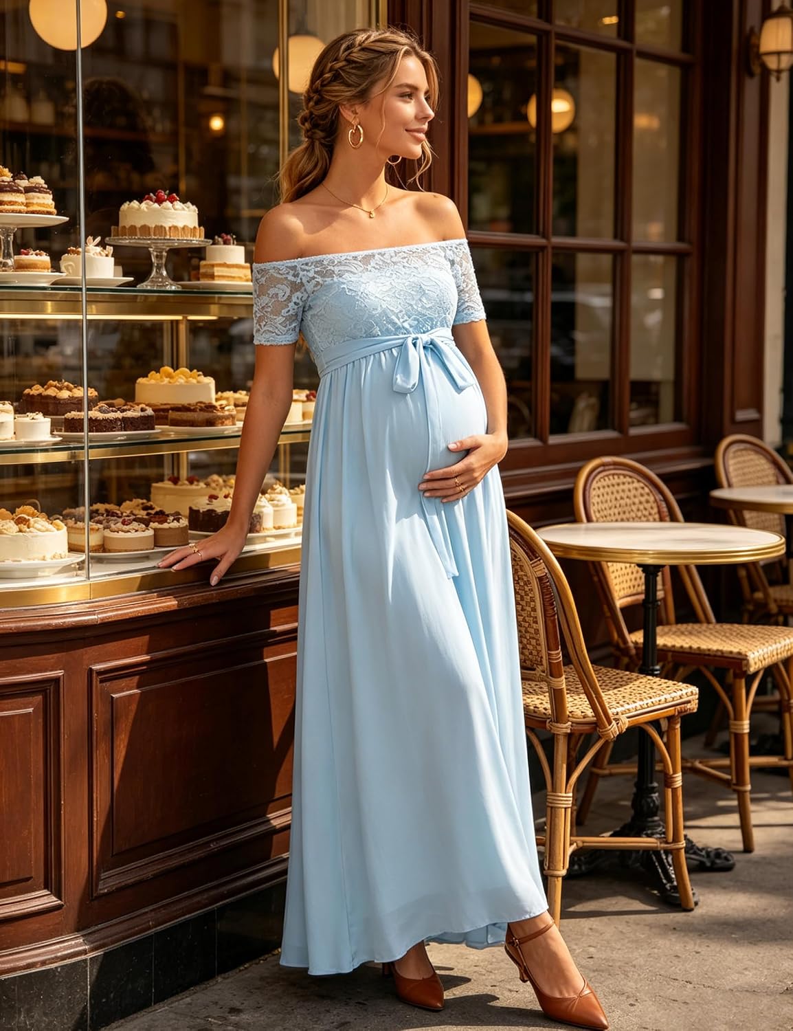 Maternity Maxi Dress Off Shoulder Short Sleeve Lace Empire Waist Belted Gown for Baby Shower Photoshoot Wedding Guest