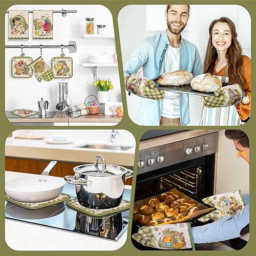 Miniatura 6 de VitalCozy Juego de 8 toallas de cocina de Pascua, guantes de horno y soporte para ollas, toallas de cocina de Pascua, toalla de cocina retro con