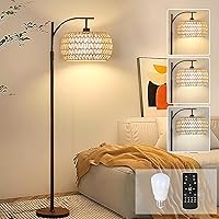 ZECOXOL Boho Rattan Arc Floor Lamp for Living Room - Dimmable LED Standing Lamp with Remote, 3 Color Temps, Adjustable Height Black Tall Lamp