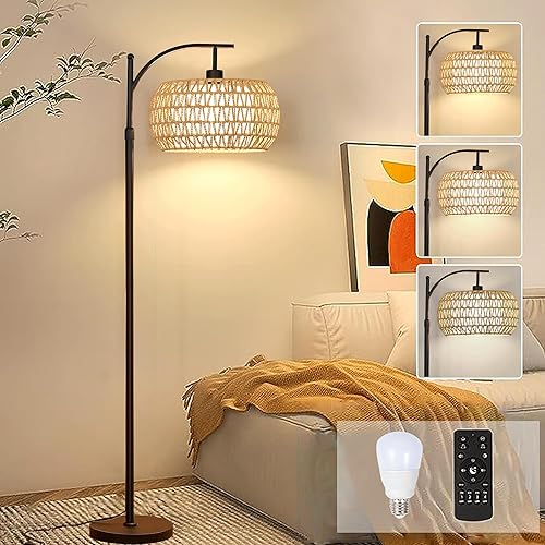 Miniatura 14 de Lámparas de pie de arco para sala de estar, dormitorio, lámpara de pie bohemia de ratán con control remoto, lámpara de pie LED regulable, pantalla