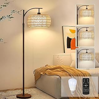 Arc Floor Lamps for Living Room Rattan Boho Floor Lamp with Remote Contr...