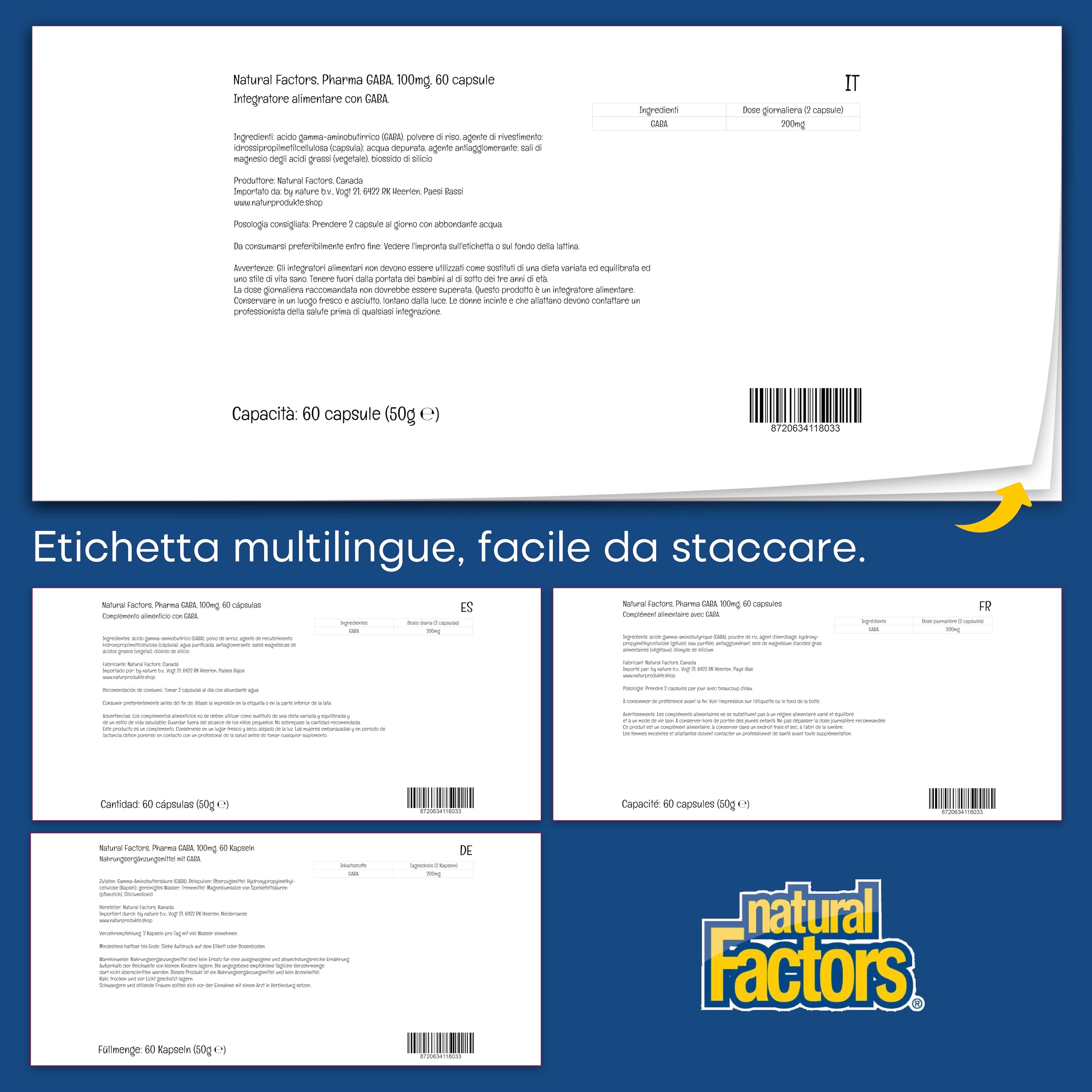 Natural Factors, Stress Relax Pharma GABA, 100mg, 60 capsule vegane, Testato in Laboratorio, Vegetariano, Senza Soia, Senza Glutine, Non OGM