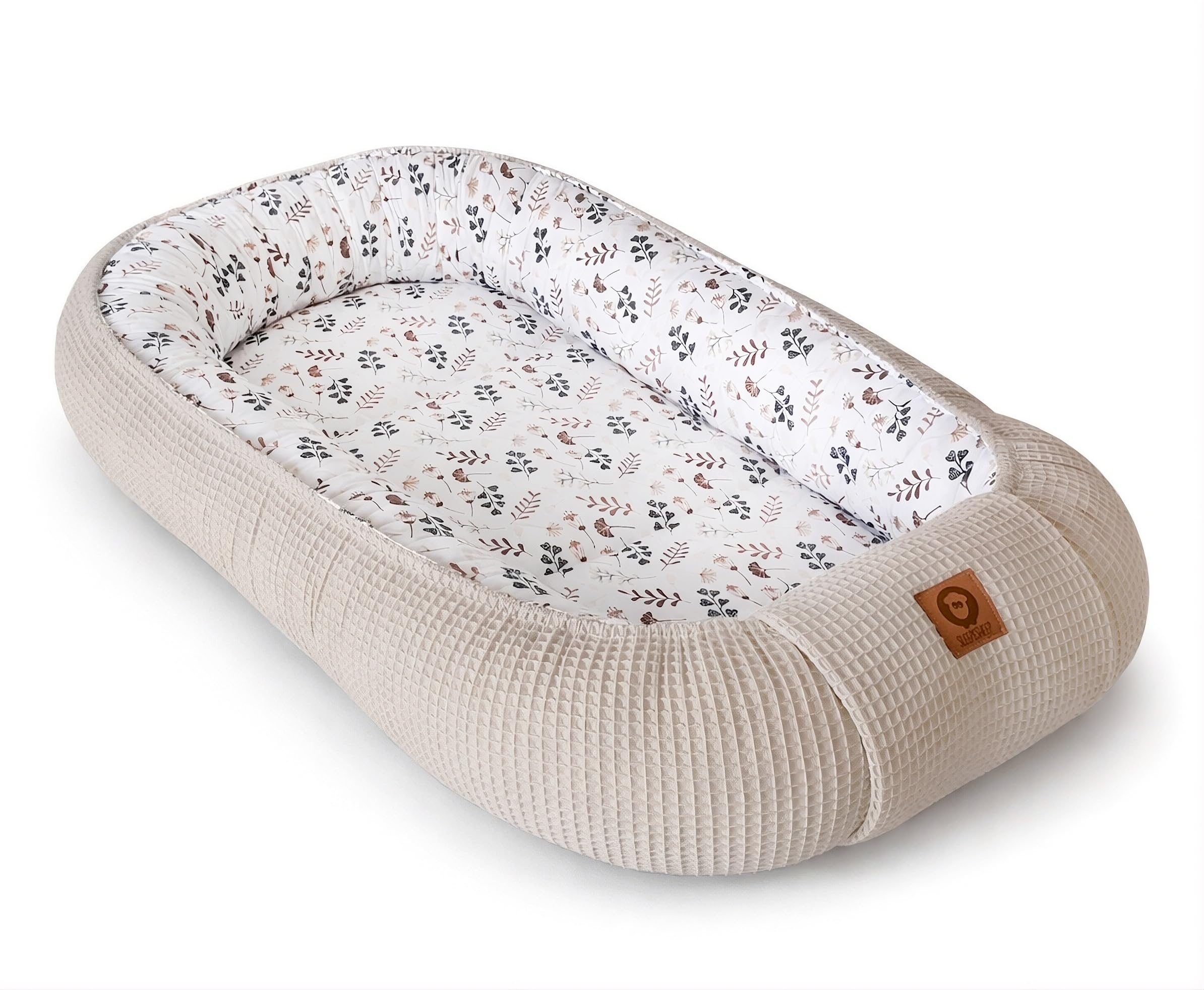 Babynestchen Neugeborene – Nestchen Baby aus Waffel Baumwolle & Baumwollstoff – Babynest für Babybett & Kinderbett – Baby Kokon Tragbar – OEKO-TEX zertifiziert – Zubehör für Babybett - Zweige und Sand