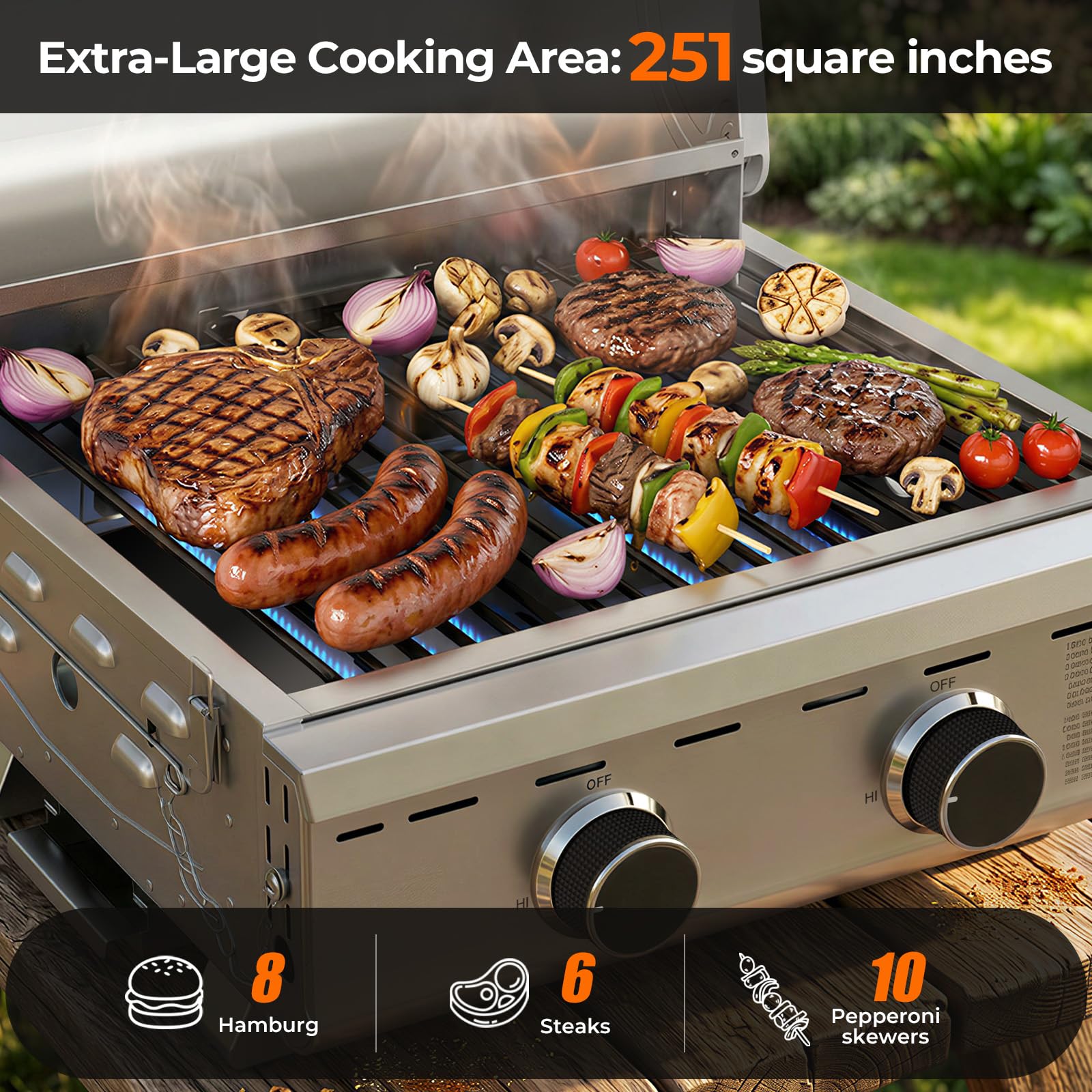 Electactic Barbecue a gas portatile, 16.000 BTU, griglia a propano a 2 fuochi con 251 metri quadrati di superficie di cottura, griglia in acciaio inox con gambe pieghevoli, facile da usare