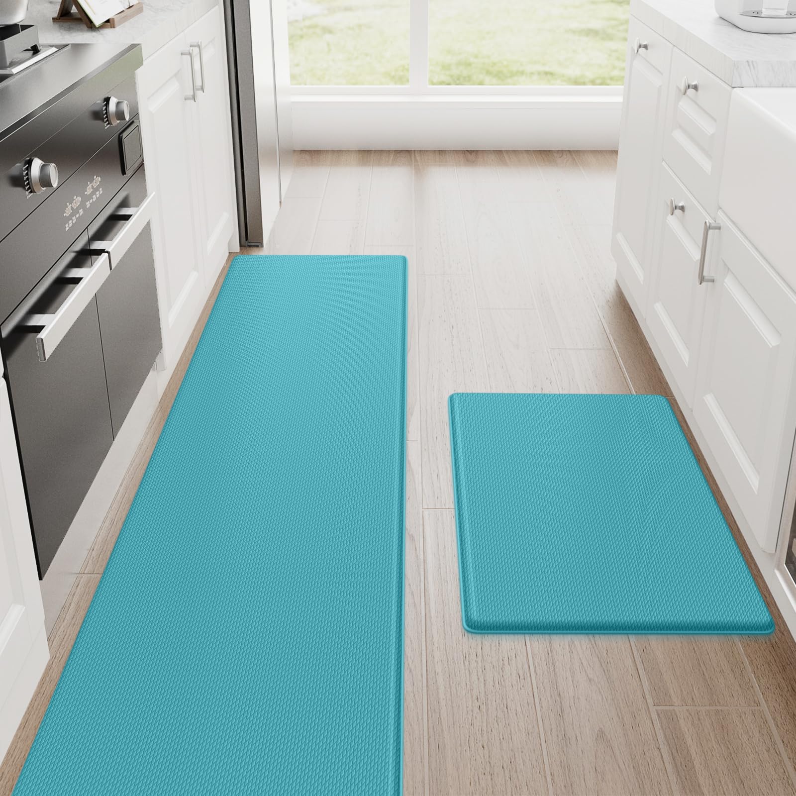 StepRite Kitchen Mats, 2PCS Kitchen Rugs, Cushioned Anti Fatigue Kitchen Mats for Floor, Non-Slip Standing Desk Mat, Waterproof Kitchen Rug Set for Kitchen, Floor, Office, 17.3"x30"+17.3"x70", Green