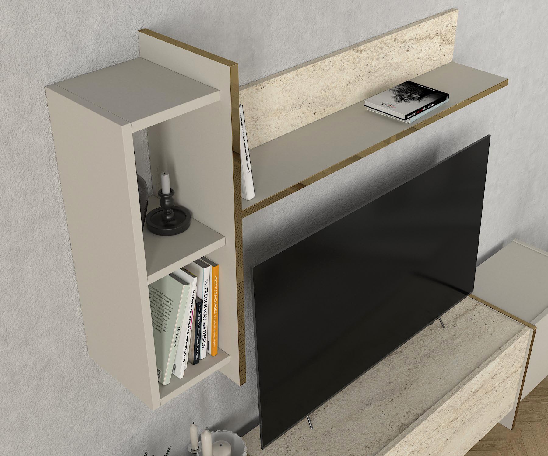 moebel17 Wohnwand Braun Dunkelgrau,Moderne Anbauwand Holz, TV Lowboard Marmor Optik, Mediawand mit Hängeregal, 4 Türen, viel Stauraum, glänzend, 180 x 45 x 32 cm, 2574