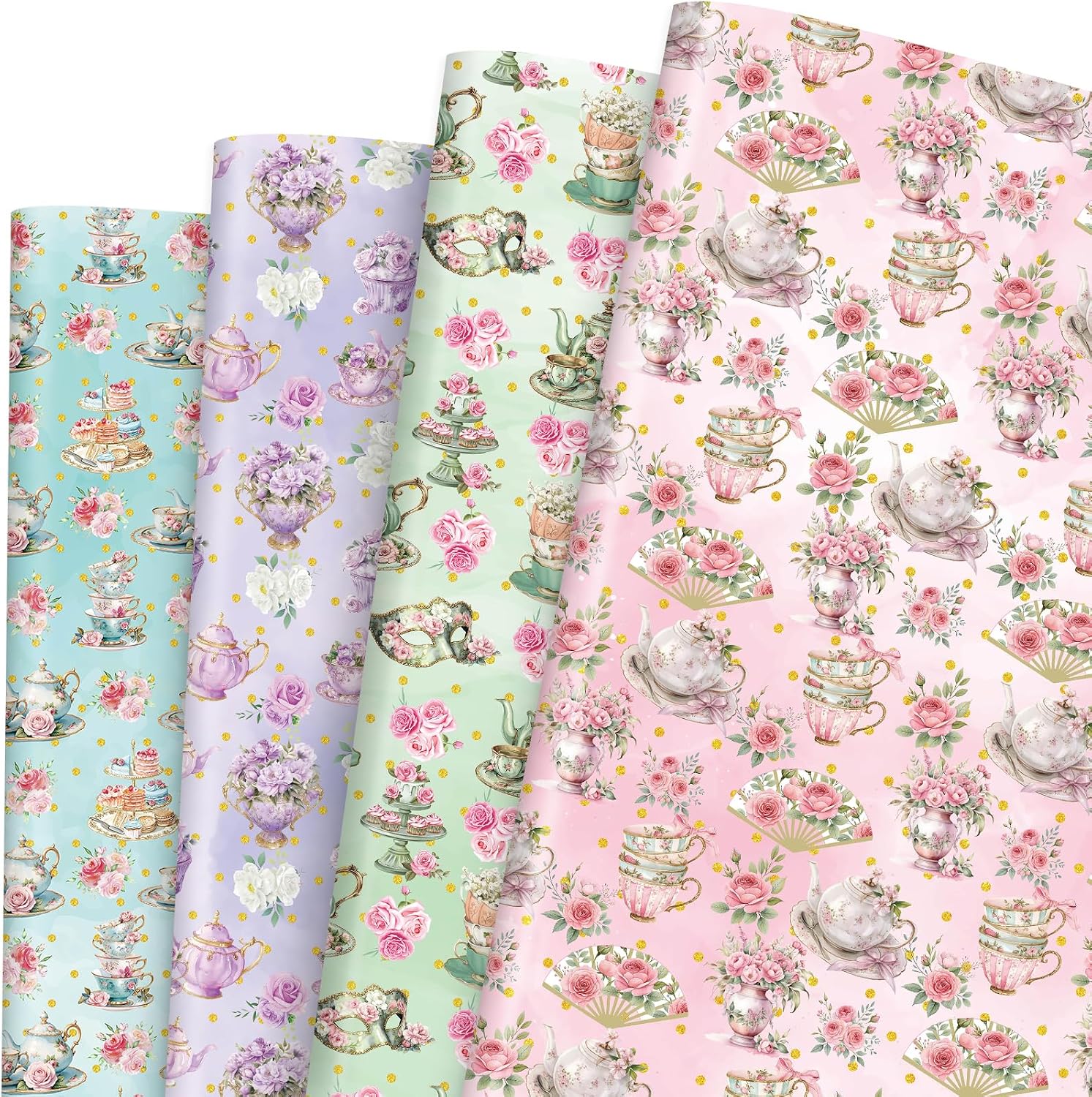 Tea Party Wrapping Paper for Girls Women, Watercolor Floral Rose & Teacup Wrapping Paper, 12 Sheets Pastel Elegant Present Packaging for Birthday Bridal Shower Wedding Baby Shower, 19.7x27.6 Inch