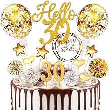 30th Birthday Cake Topper for Men and Women, 20pcs Gold Cake Toppers for 30th Birthday Men and Women, "Hello 30" Cake Topper with Birthday Candles