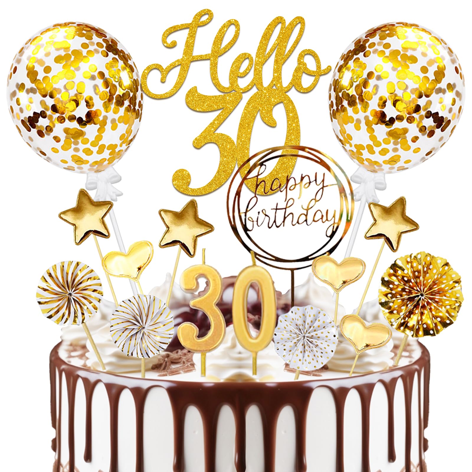 Tortendeko 30 Geburtstag Mann Frau, 20 Pcs Gold Cake Topper Deko 30 Geburtstag Männer Frauen, Hello 30 Tortendeko mit Geburtstagskerzen, für 30 Geburstagstorte Deko