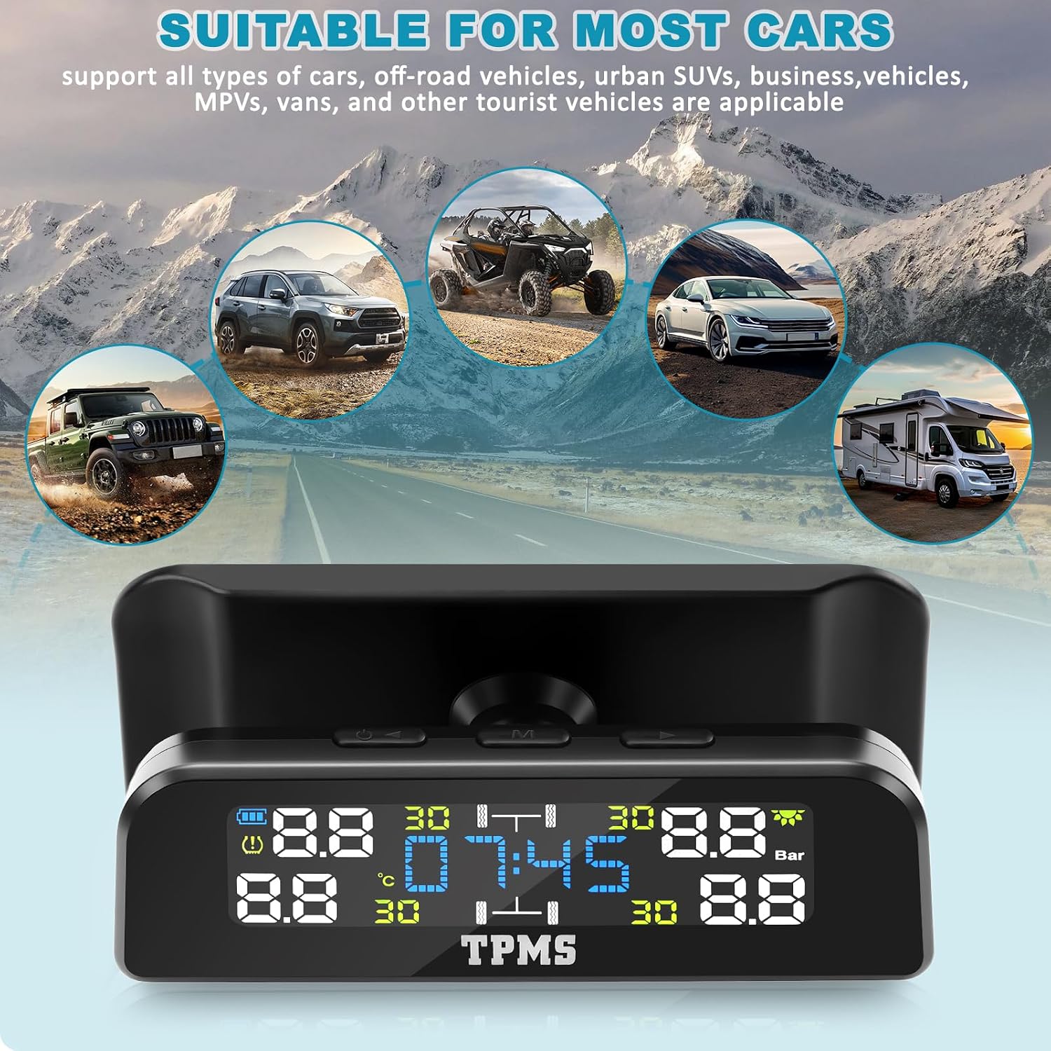 Updated RV Tire Pressure Monitoring System,TPMS Tire Pressure Monitor System,TPMS with 4 Sensors&6 Alarm Modes,Color LCD Display,Real-time Display Tire Pressure for Car,RV,SUV, MPV,Sedans(0-87PSI)