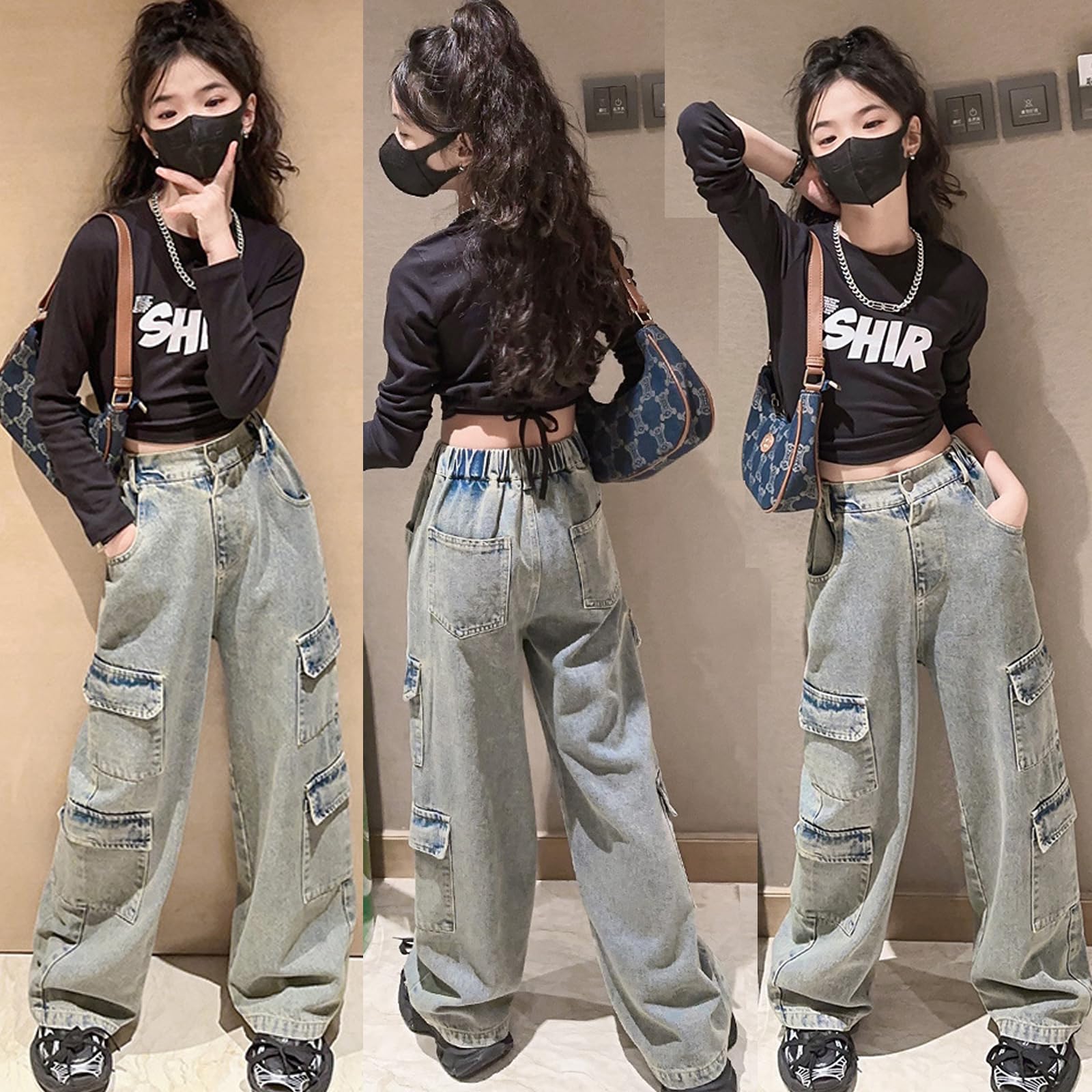 Pantalones de mezclilla para niñas de 4 a 14 años, estilo cargo, rasgados, desgastados, cintura elástica, pantalones holgados