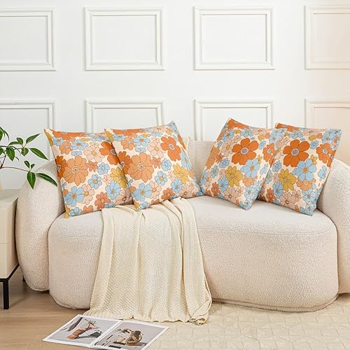 Miniatura 8 de Juego de 4 fundas de almohada retro de 18 x 18 pulgadas, fundas de almohada suaves de 60S y 70S, fundas de cojín para sala de estar, dormitorio,