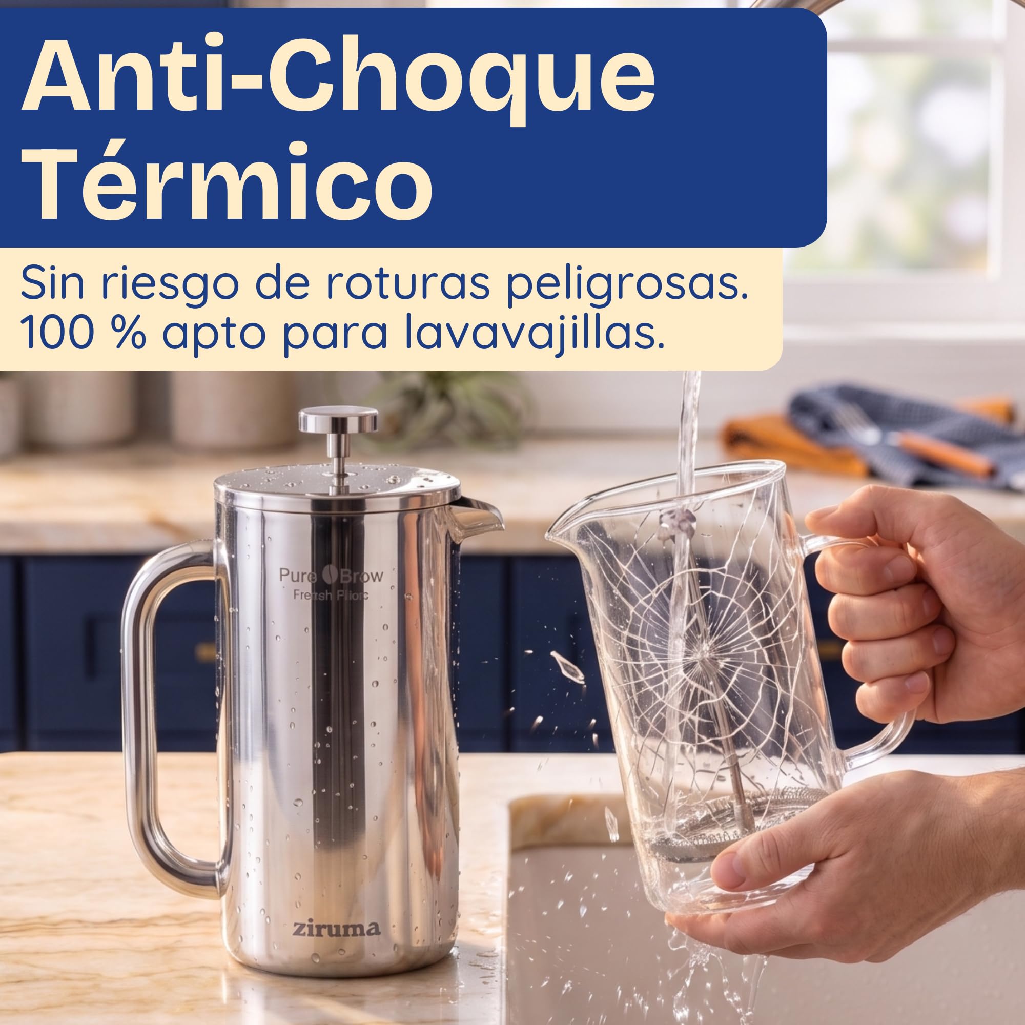 Ziruma No Tóxico Cafetera de Émbolo Acero, Sin Plástico, Doble Pared, 1L