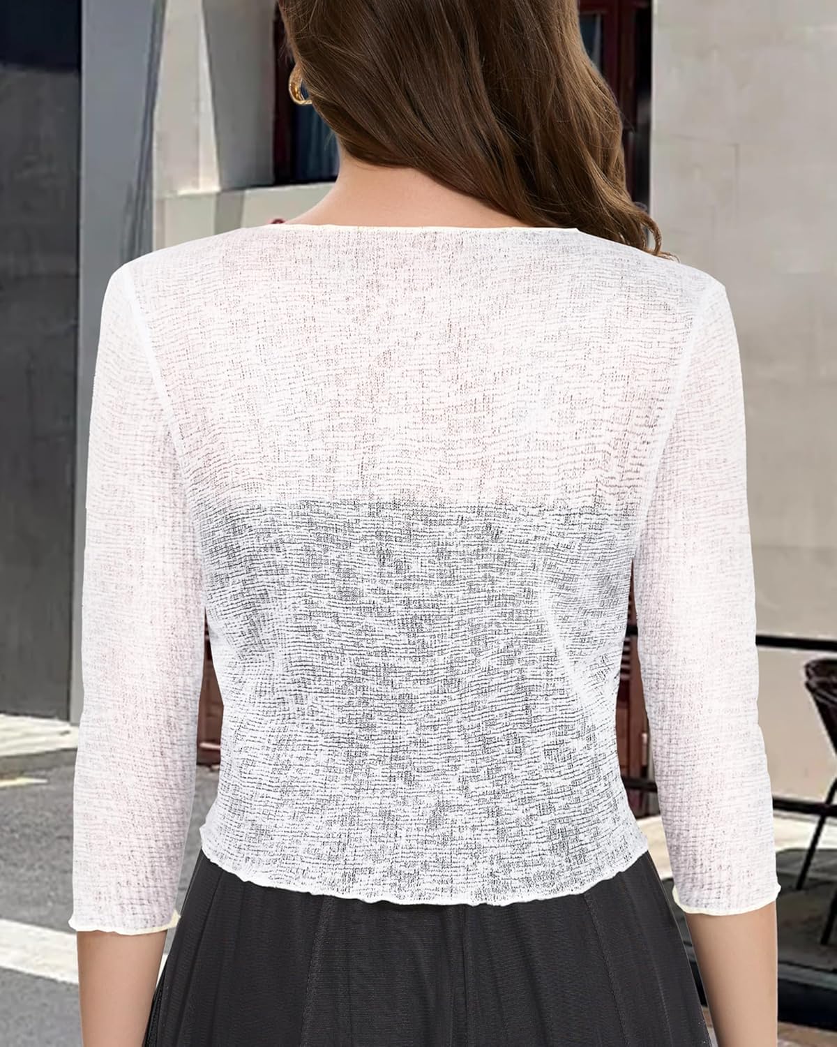 Women Crop Cardigan Sheer Mesh Bolero Shrug for Dress Tie Front 3/4 Sleeve Tops - Image 4