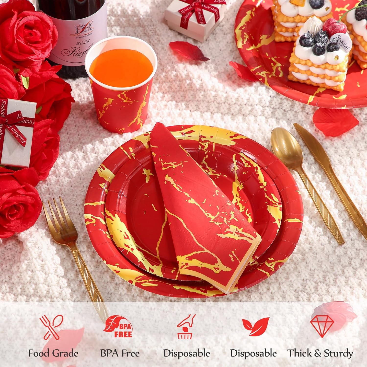 Bokon 350 Pcs Red Gold Party Supplies Disposable Dinnerware Set Include 100 Plates 50 9 oz Paper Cup 50 Sets Spoon Fork Knives 50 Napkin for 50 Guests Wedding Birthday Valentines Party Decoration