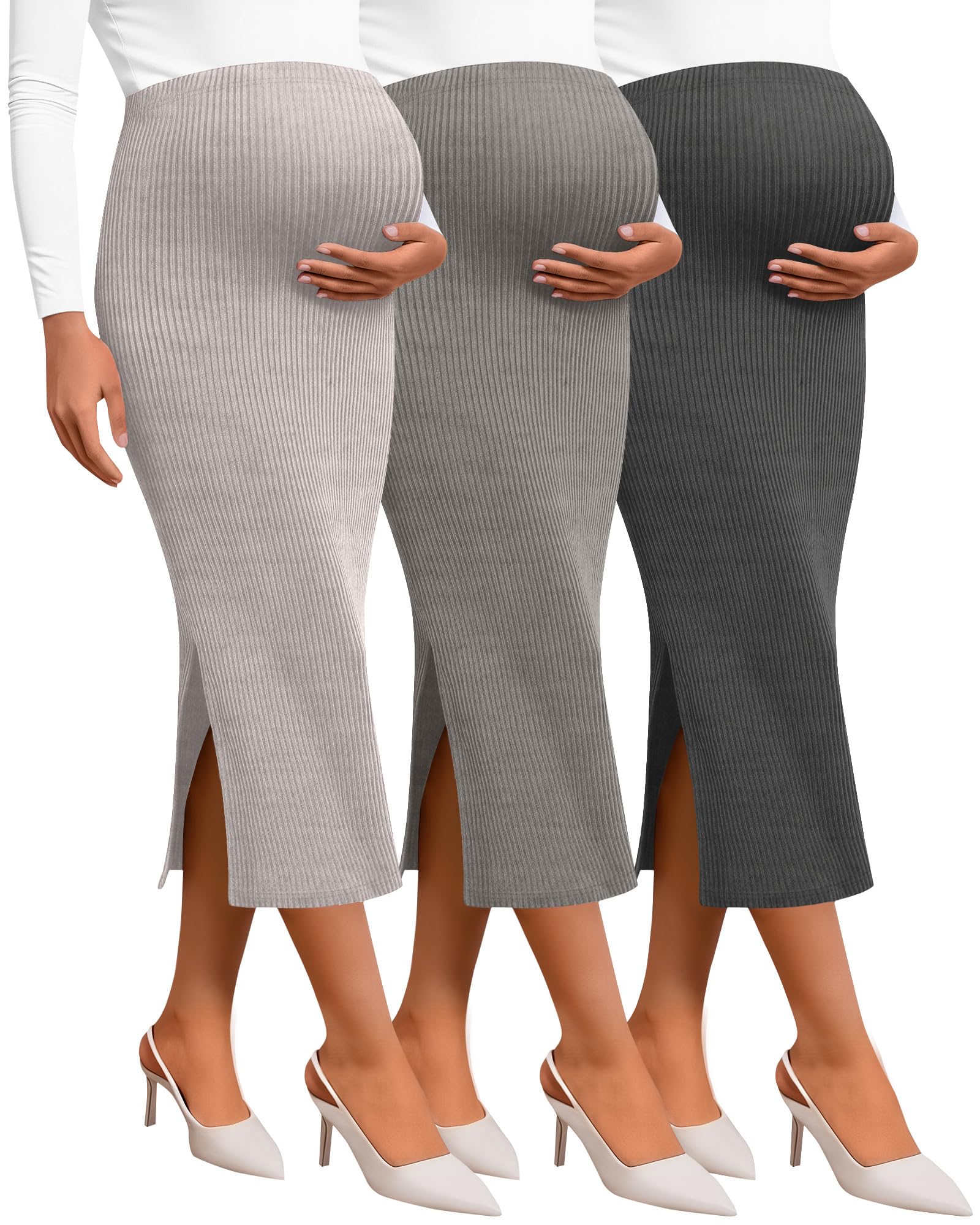 Neer Confezione da 3 gonne premaman da donna, a vita alta, a costine, tinta unita, elasticizzate, per gravidanza, gonna lunga