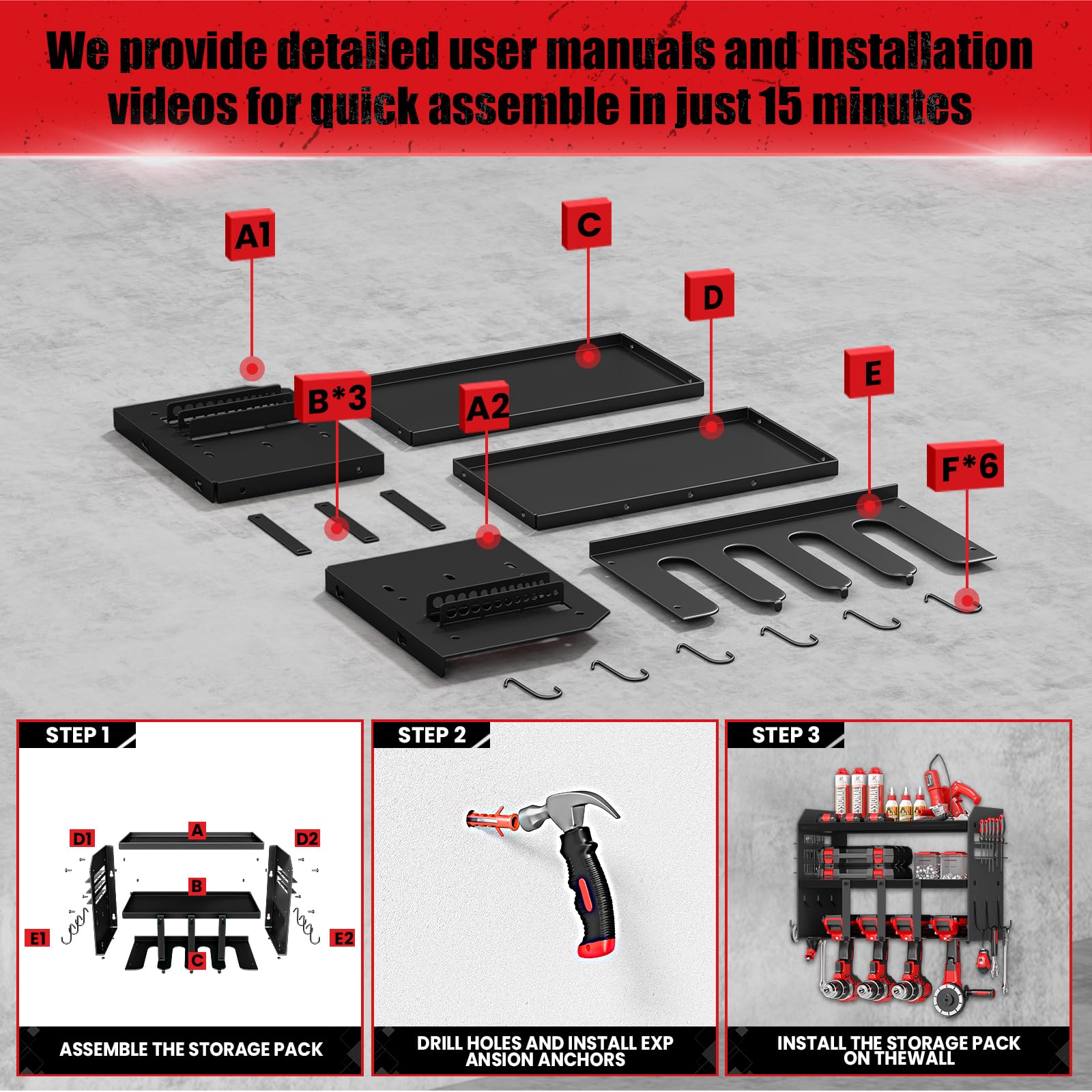 Organizador de herramientas eléctricas, soporte de pared: soporte de organización de almacenamiento resistente, inalámbrico, organizador de garaje grande de 3 capas con soporte para taladro, ganchos