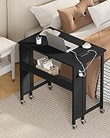 Vista 7 de Escritorio plegable moderno para computadora de 31.5 pulgadas con tomas de corriente, ruedas, almacenamiento, perfecto para espacios pequeños