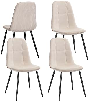 VASAGLE Sillas de Comedor, Juego de 4, Soporte de Metal, Pies Ajustables, Fácil Limpieza, Sillas de Cocina, Tejido de Chenilla, PU con Textura Brillante, Blanco Crema KDC188W01